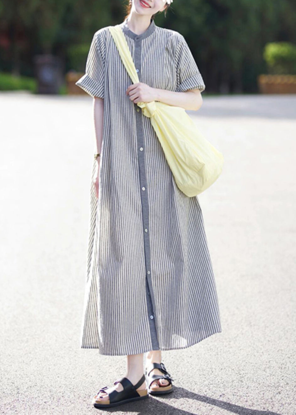 Cotton Summer Button Dress Collar Stand Shirts Striped Casual