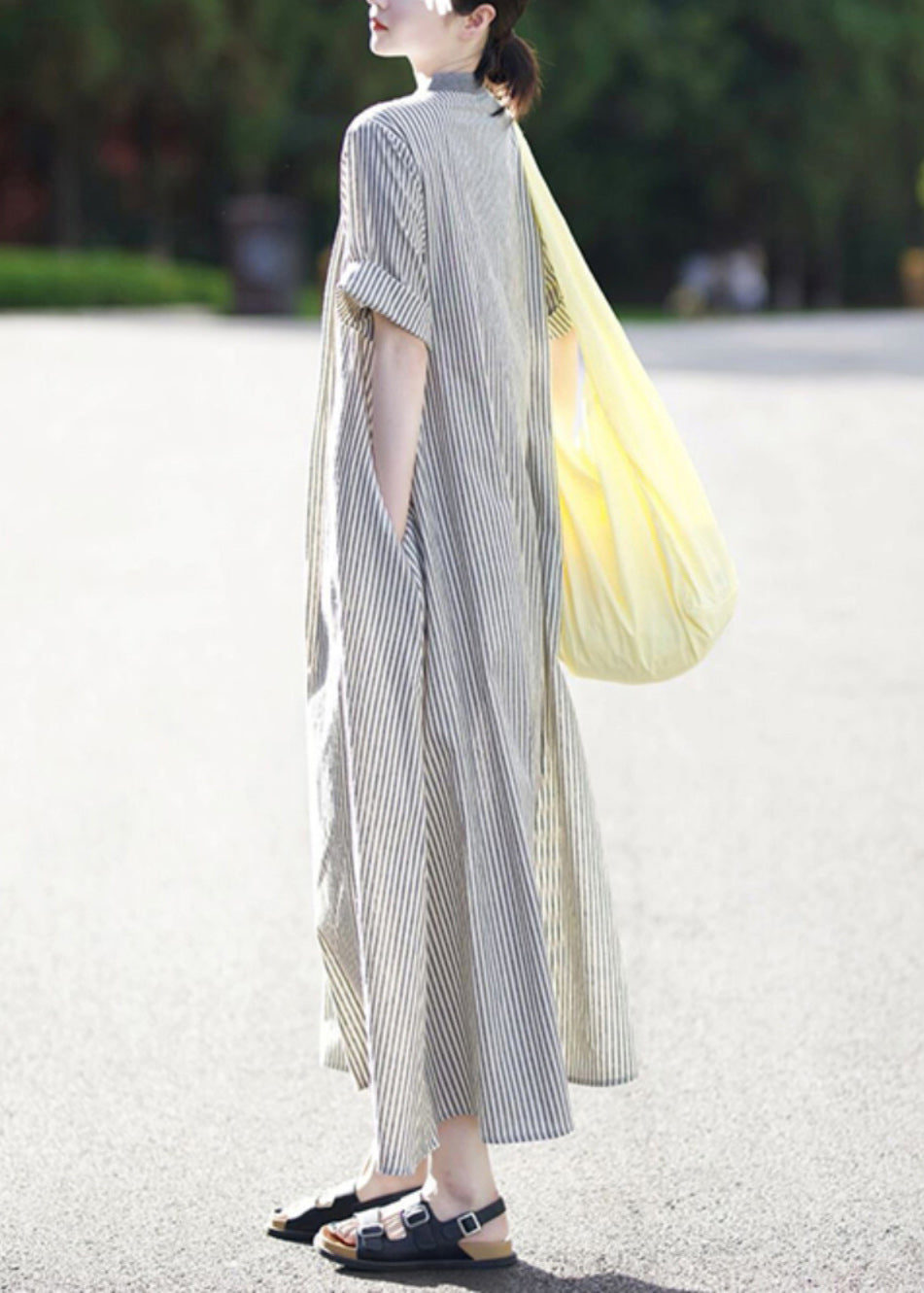 Cotton Summer Button Dress Collar Stand Shirts Striped Casual