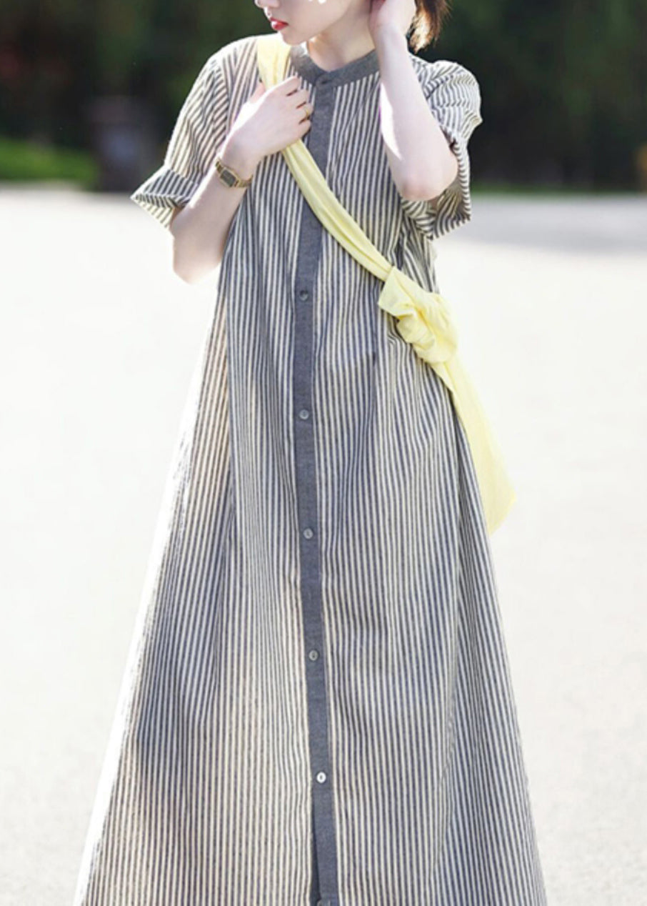 Cotton Summer Button Dress Collar Stand Shirts Striped Casual