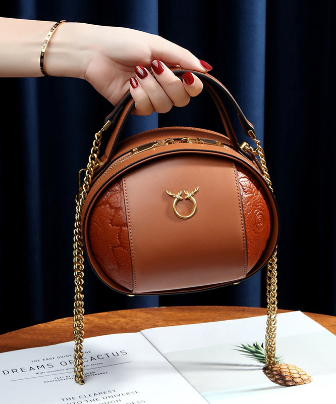 Round Leather Bag Casual Brown Calf Versatile