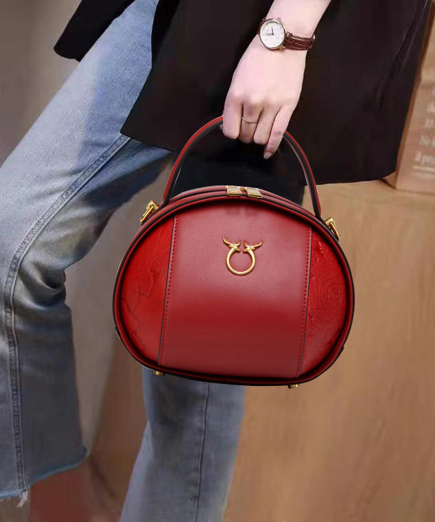 Round Leather Bag Casual Brown Calf Versatile