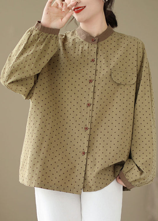 Lässiges, vielseitiges Baumwollhemd mit grünem Punktdruck in Übergröße für den Herbst OO035