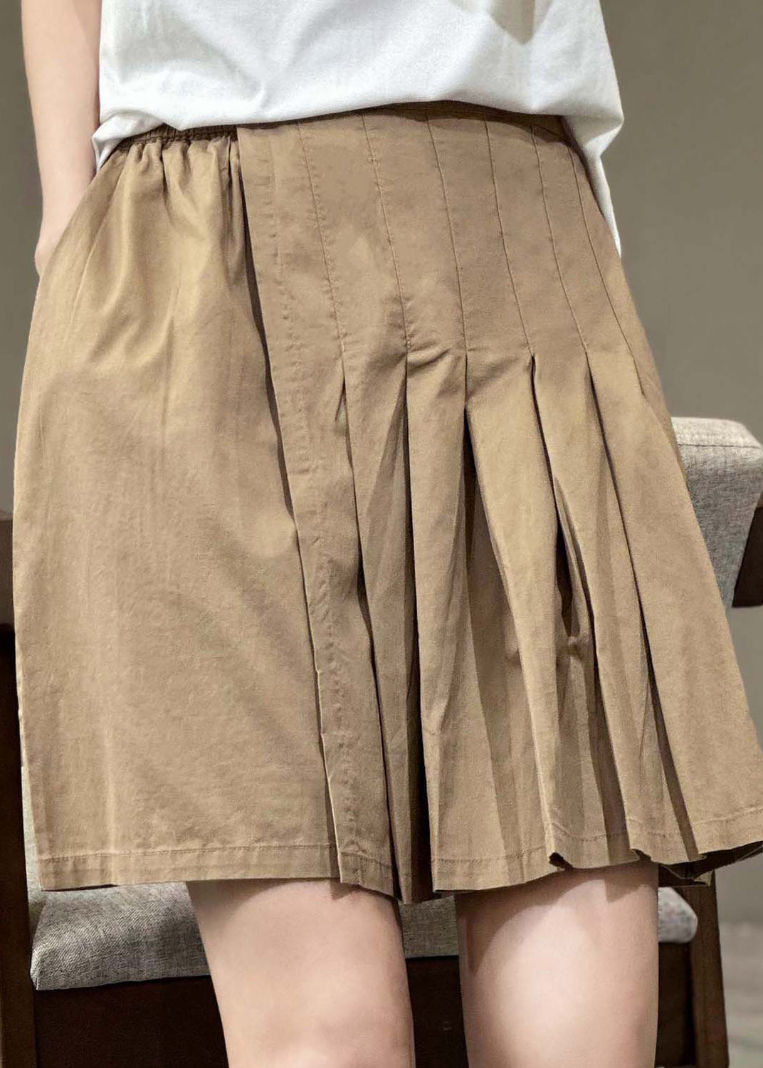 Casual Versatile Green Elastic Waist Pleated Shorts Skirt Summer QQ1046