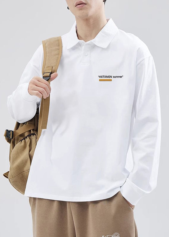 Casual White Button Print Cotton Mens Polo Shirts Spring TC019