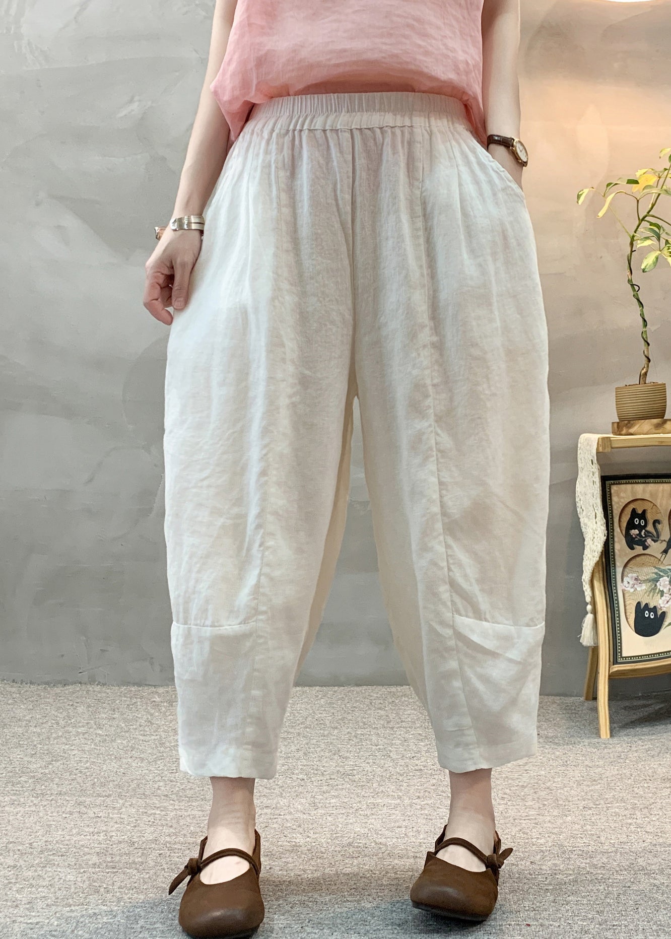 Waist Summer Linen White Elastic Harem Pants Casual