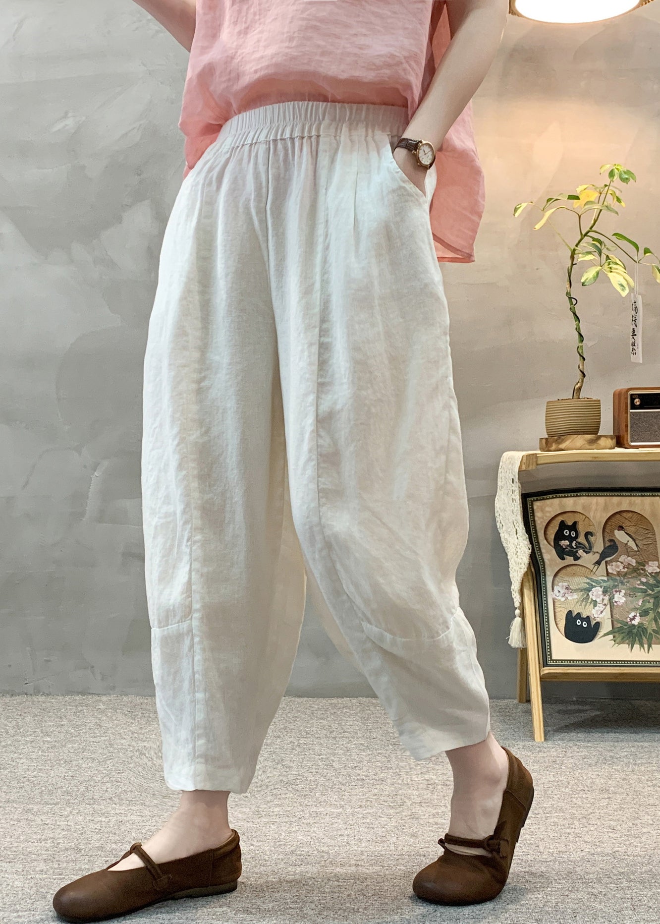 Waist Summer Linen White Elastic Harem Pants Casual