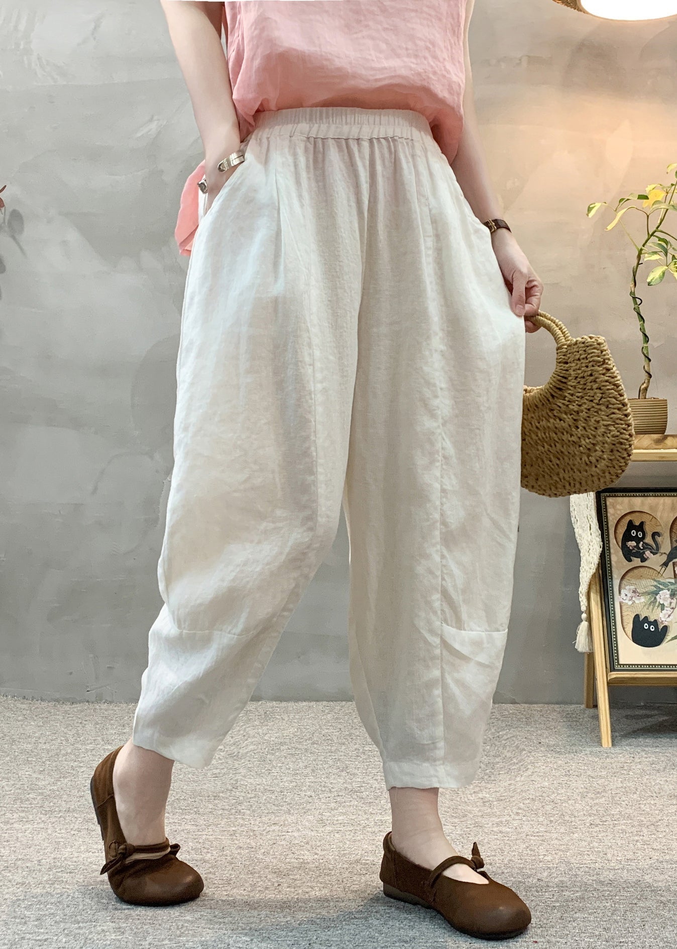 Waist Summer Linen White Elastic Harem Pants Casual