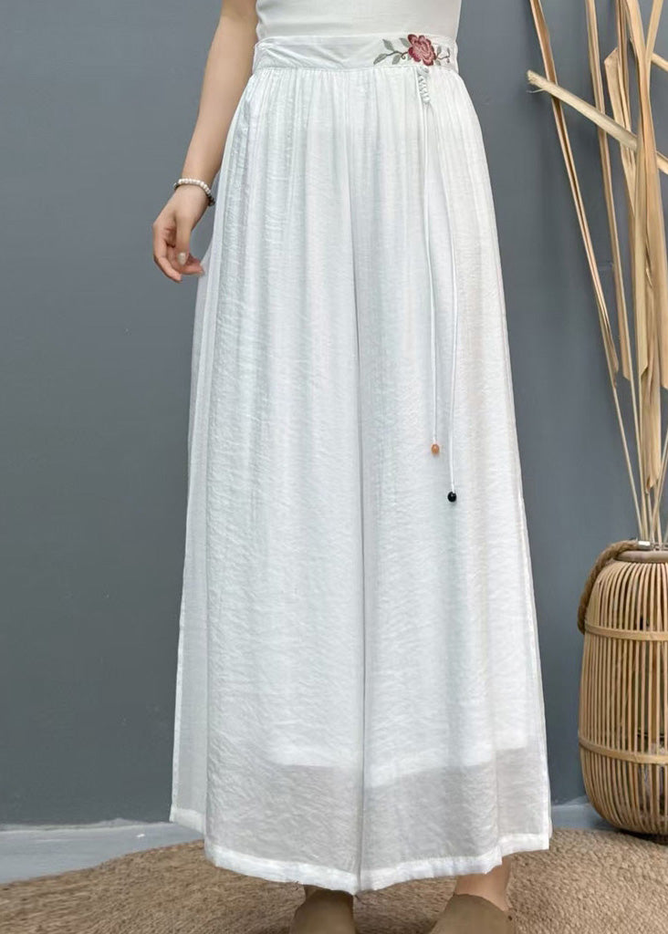 White Linen Side Wide Leg Summer Pants Embroidered Open Casual