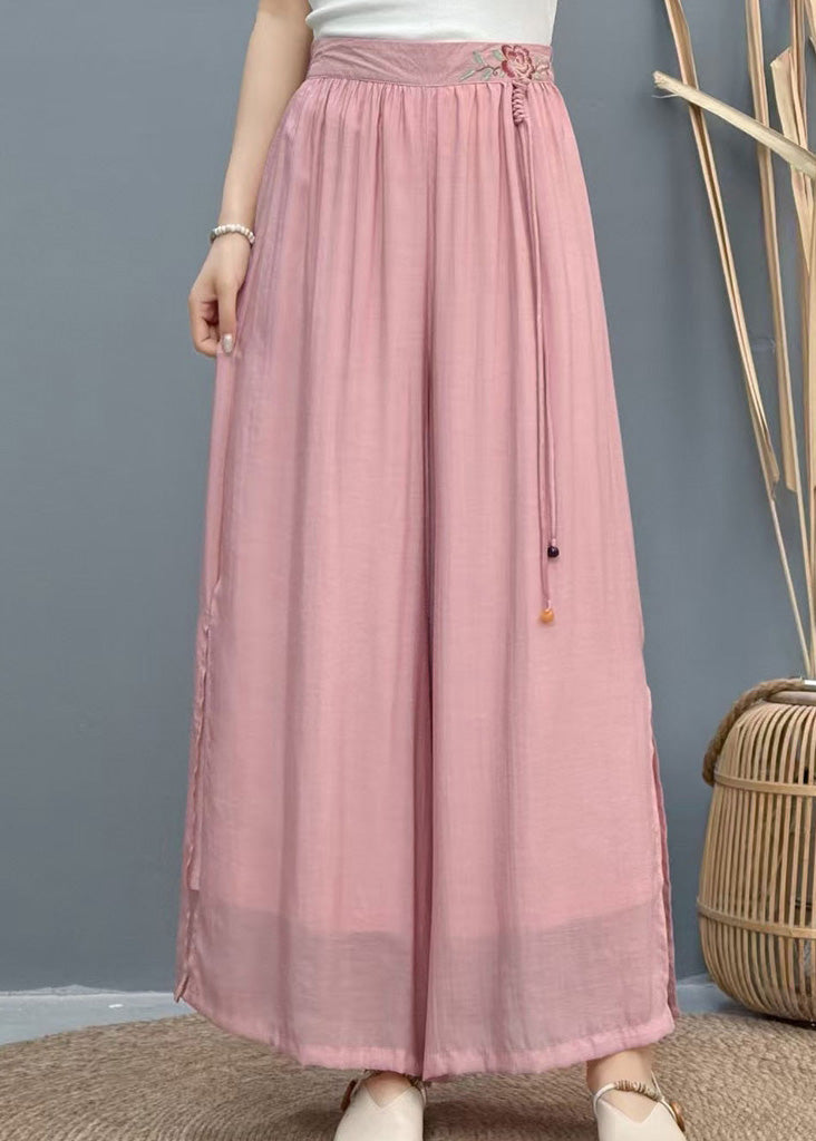 White Linen Side Wide Leg Summer Pants Embroidered Open Casual