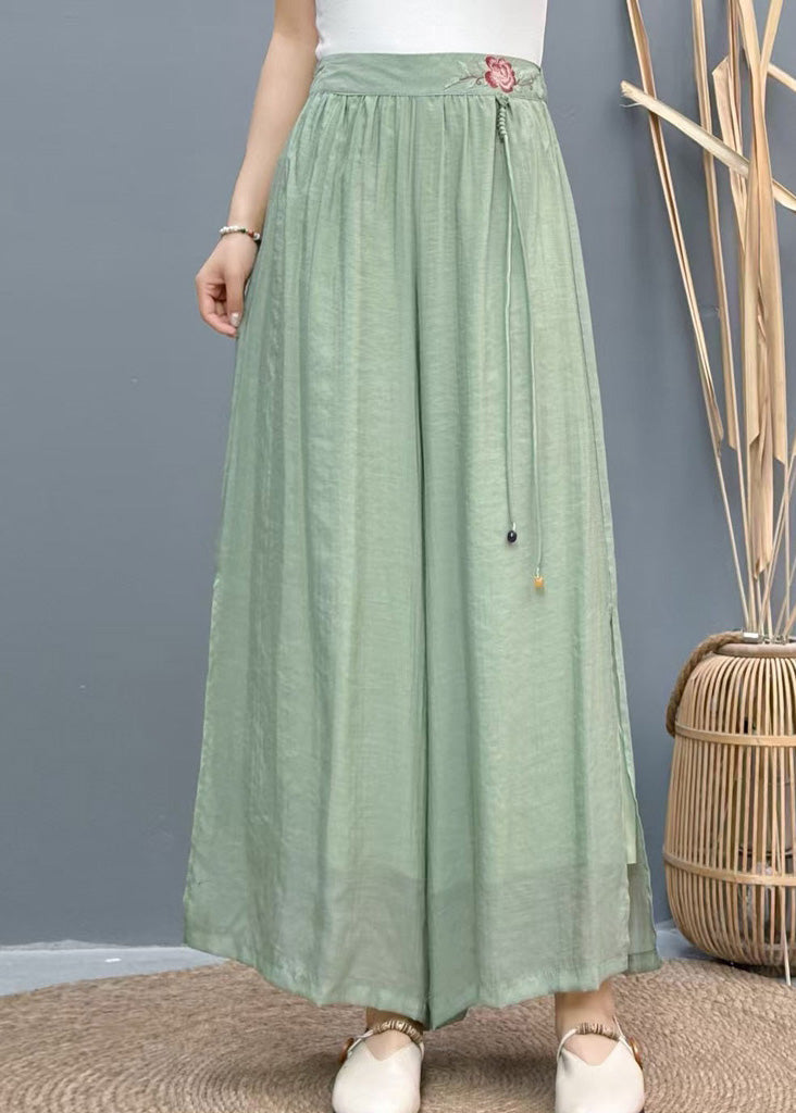 White Linen Side Wide Leg Summer Pants Embroidered Open Casual