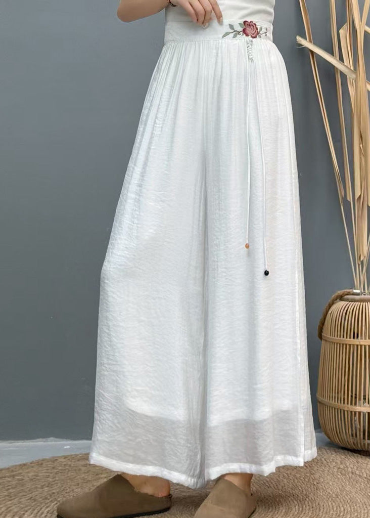 White Linen Side Wide Leg Summer Pants Embroidered Open Casual