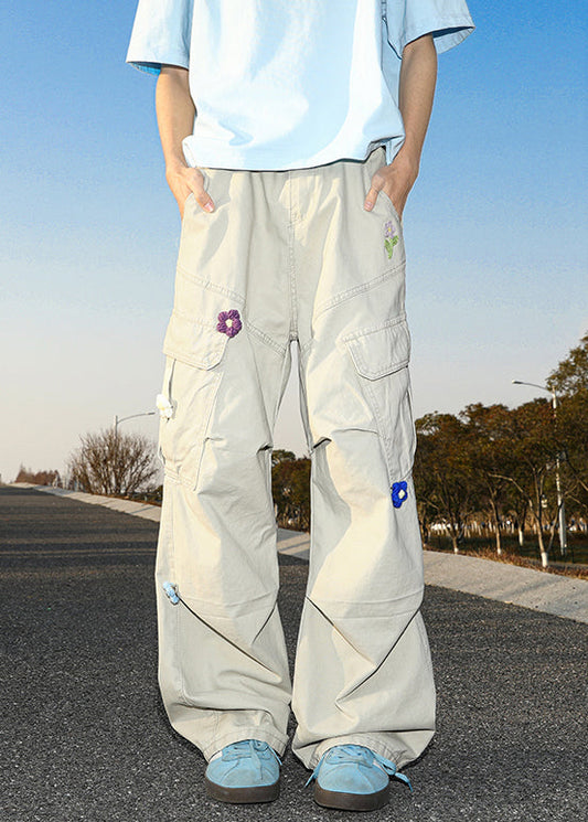 White Casual Pockets Pants Mens Cotton Summer Embroideried