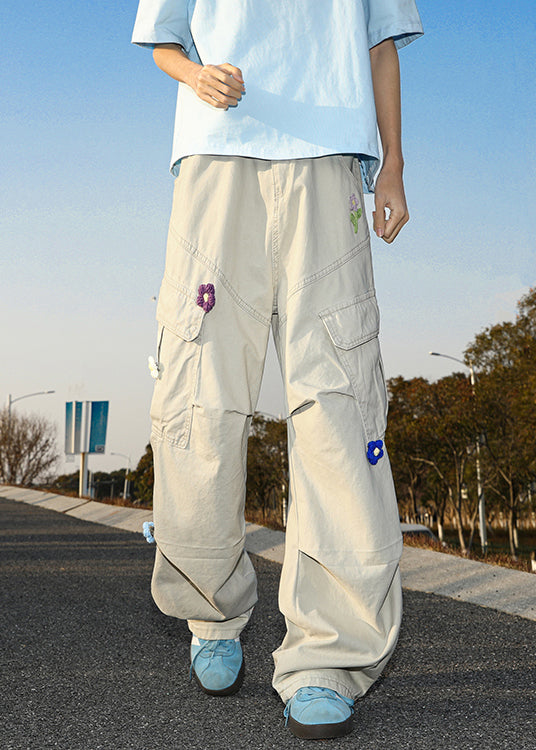 White Casual Pockets Pants Mens Cotton Summer Embroideried