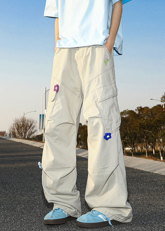 White Casual Pockets Pants Mens Cotton Summer Embroideried