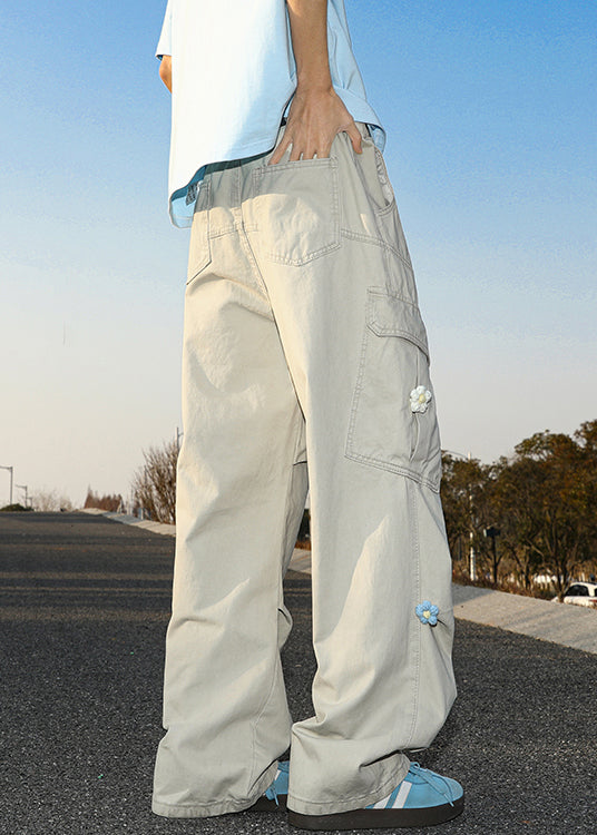 White Casual Pockets Pants Mens Cotton Summer Embroideried