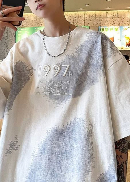 Men White T Dye Tie Summer Casual Cotton Embroideried Shirt