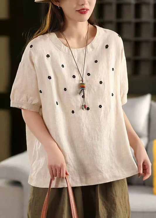 O-Neck Tops White Embroideried Linen Summer Casual