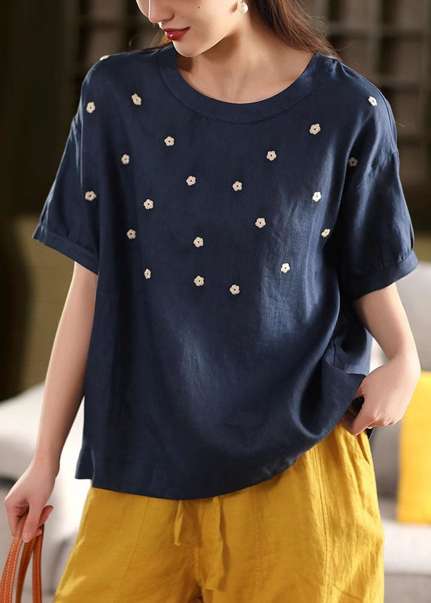 O-Neck Tops White Embroideried Linen Summer Casual