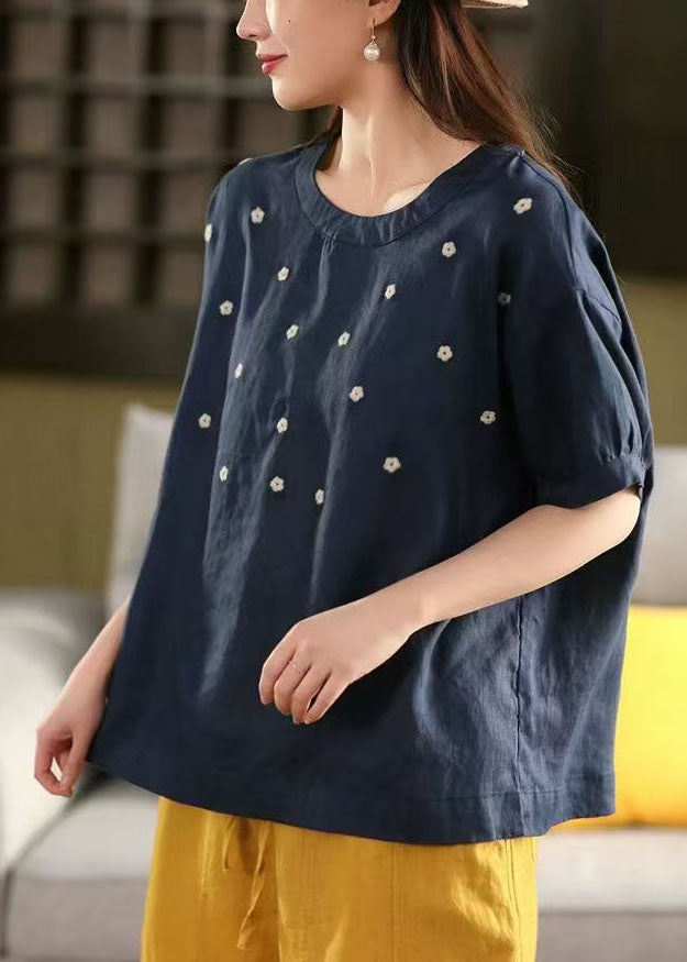 O-Neck Tops White Embroideried Linen Summer Casual