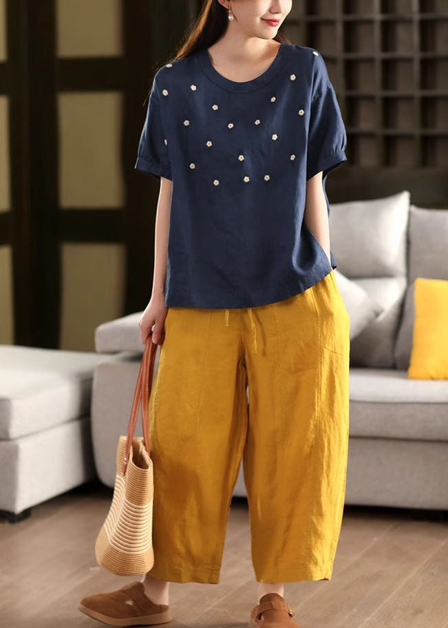 O-Neck Tops White Embroideried Linen Summer Casual