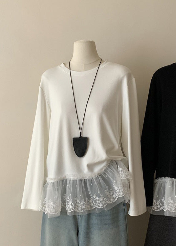 Casual White O Neck Lace Patchwork Cotton T Shirts Top Spring YF001