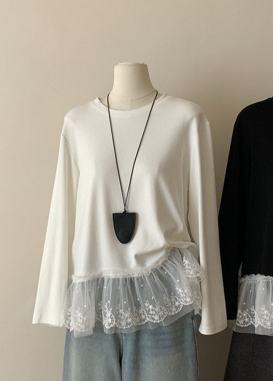 Casual White O Neck Lace Patchwork Cotton T Shirts Top Spring YF001