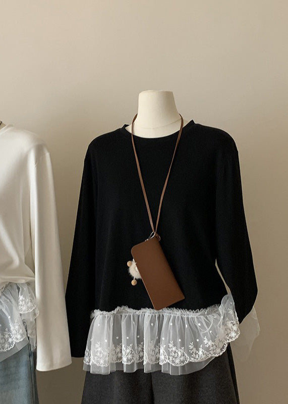 Casual White O Neck Lace Patchwork Cotton T Shirts Top Spring YF001