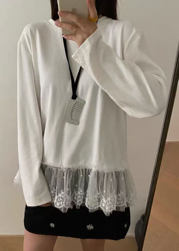 Casual White O Neck Lace Patchwork Cotton T Shirts Top Spring YF001