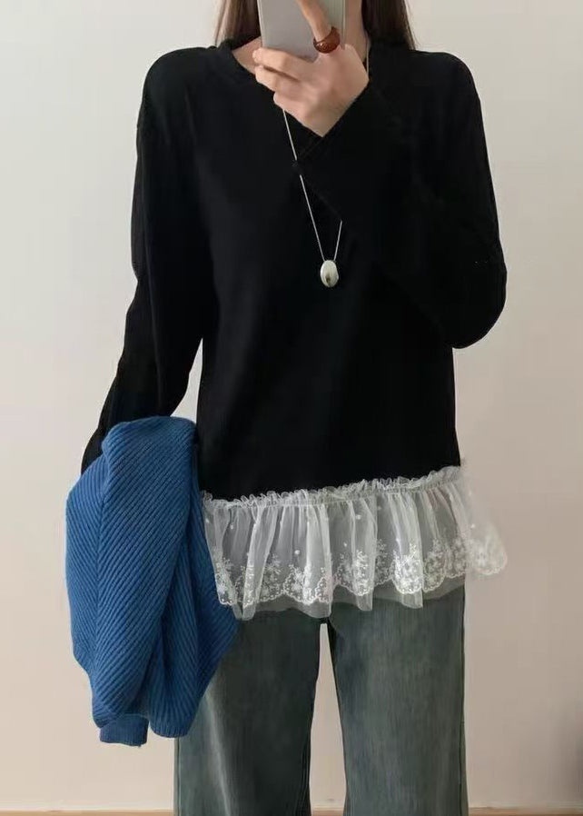 Casual White O Neck Lace Patchwork Cotton T Shirts Top Spring YF001