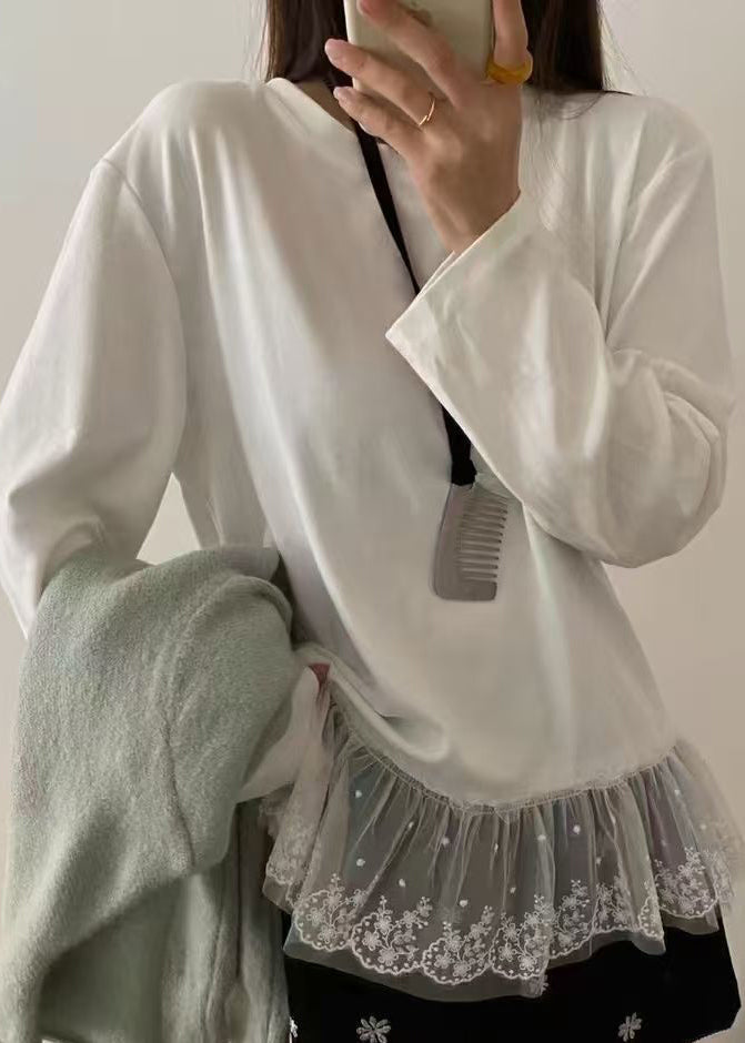 Casual White O Neck Lace Patchwork Cotton T Shirts Top Spring YF001