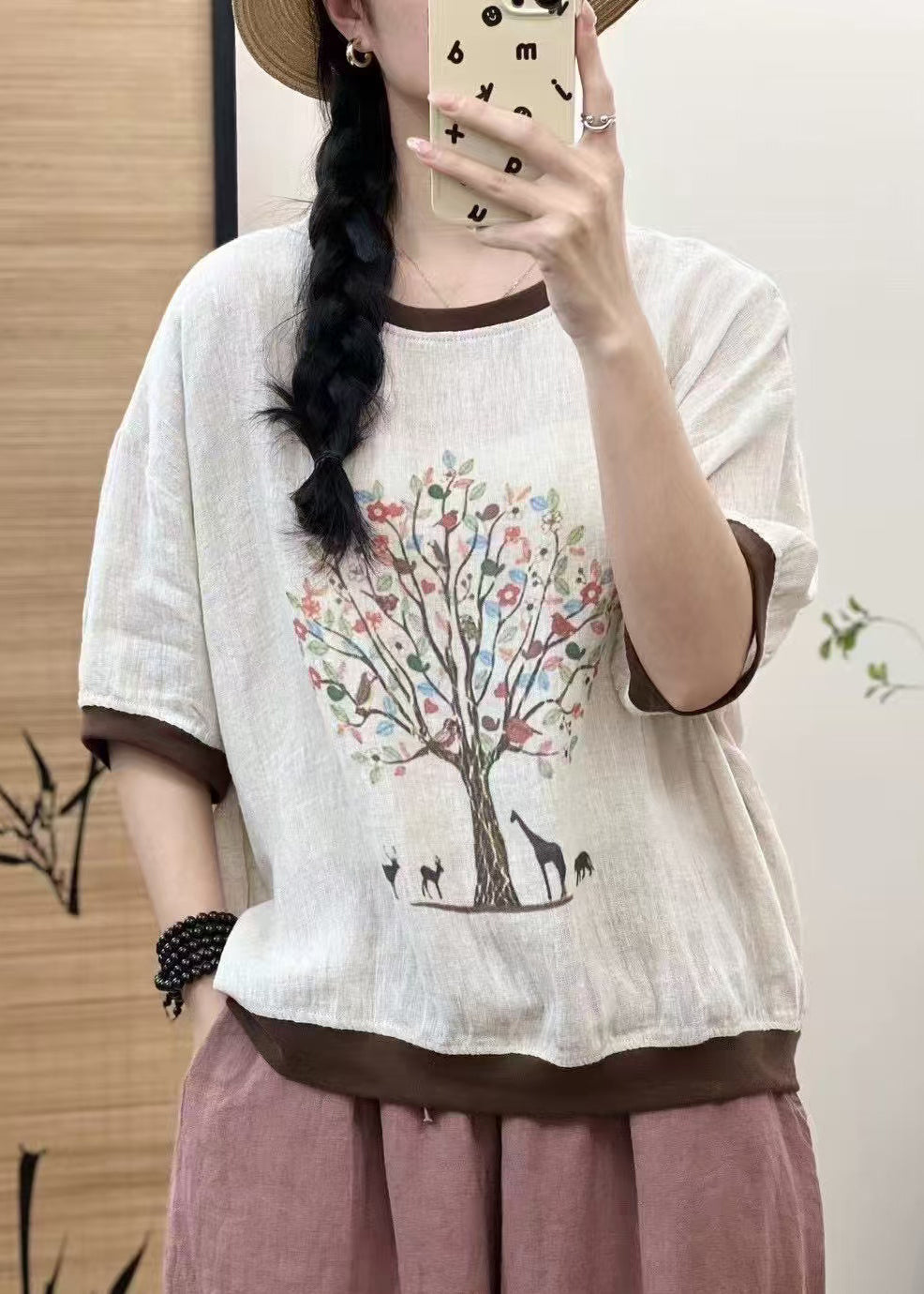 Sleeveless Print Casual Patchwork Tops Oversized White Linen