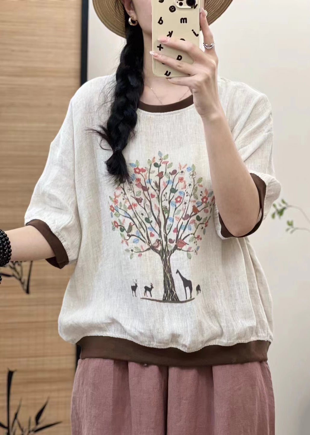 Sleeveless Print Casual Patchwork Tops Oversized White Linen