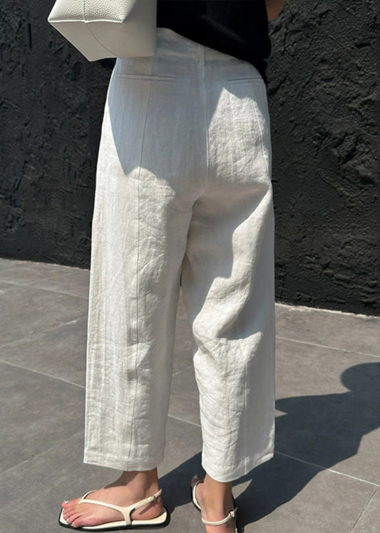 Casual White Patchwork Pockets High Waist Linen Crop Pants Summer VB1033