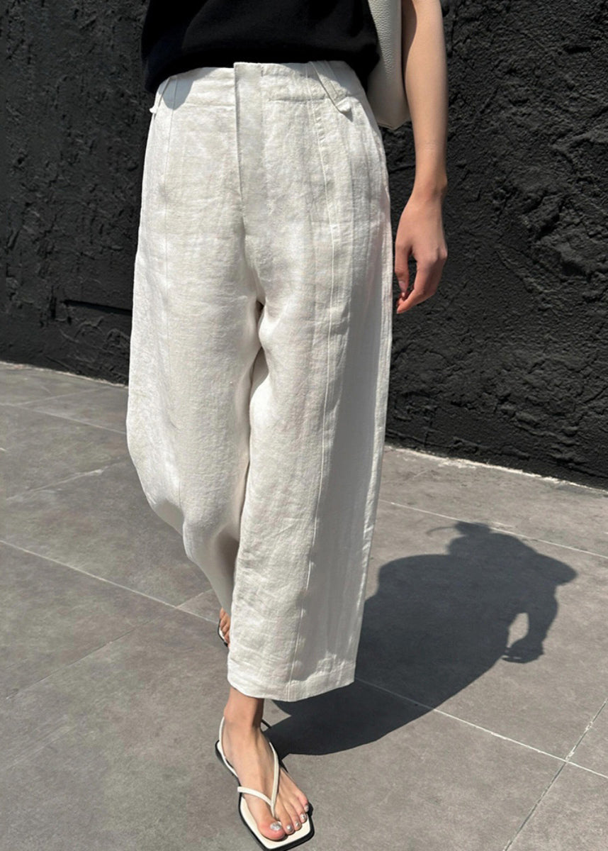 Casual White Patchwork Pockets High Waist Linen Crop Pants Summer VB1033