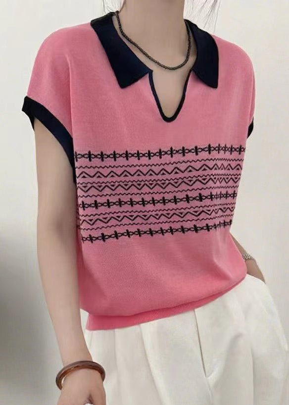 Knit Print Casual Summer Top Peter Pan Collar White