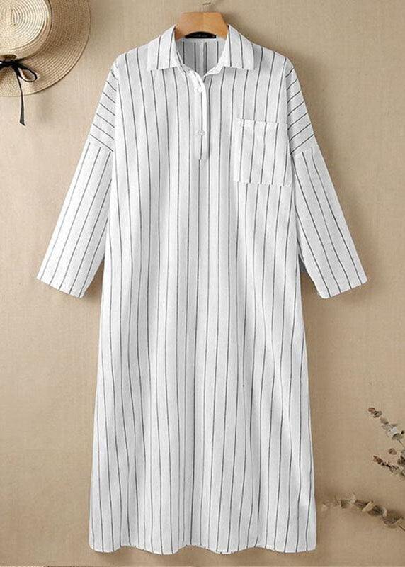 Casual White Peter Pan Collar Striped Maxi Shirts Dresses Long Sleeve VB1056