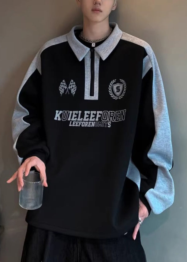 Casual White Zippered Print Patchwork Cotton Men Streetwear Spring TC030