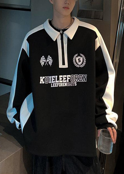 Casual White Zippered Print Patchwork Cotton Men Streetwear Spring TC030