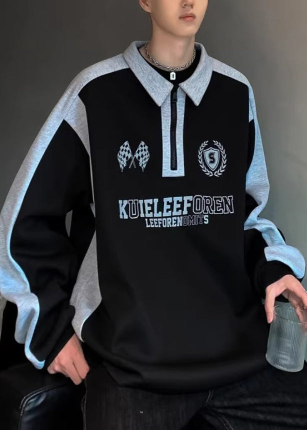 Casual White Zippered Print Patchwork Cotton Men Streetwear Spring TC030