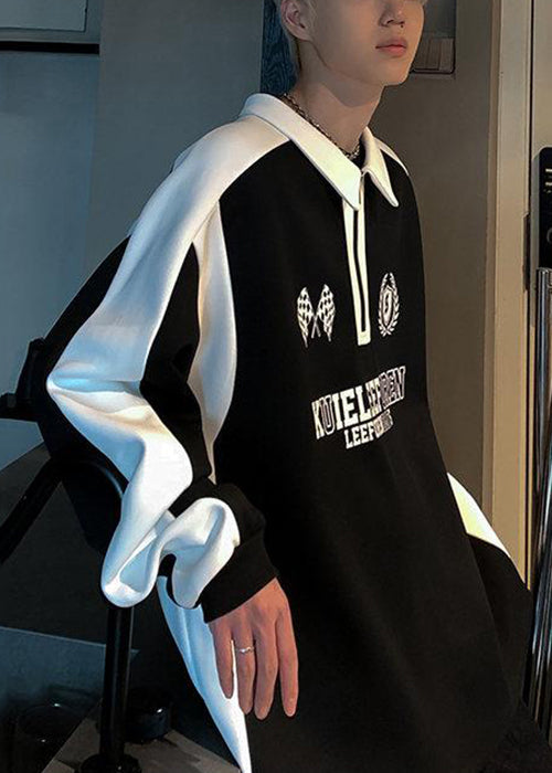 Casual White Zippered Print Patchwork Cotton Men Streetwear Spring TC030