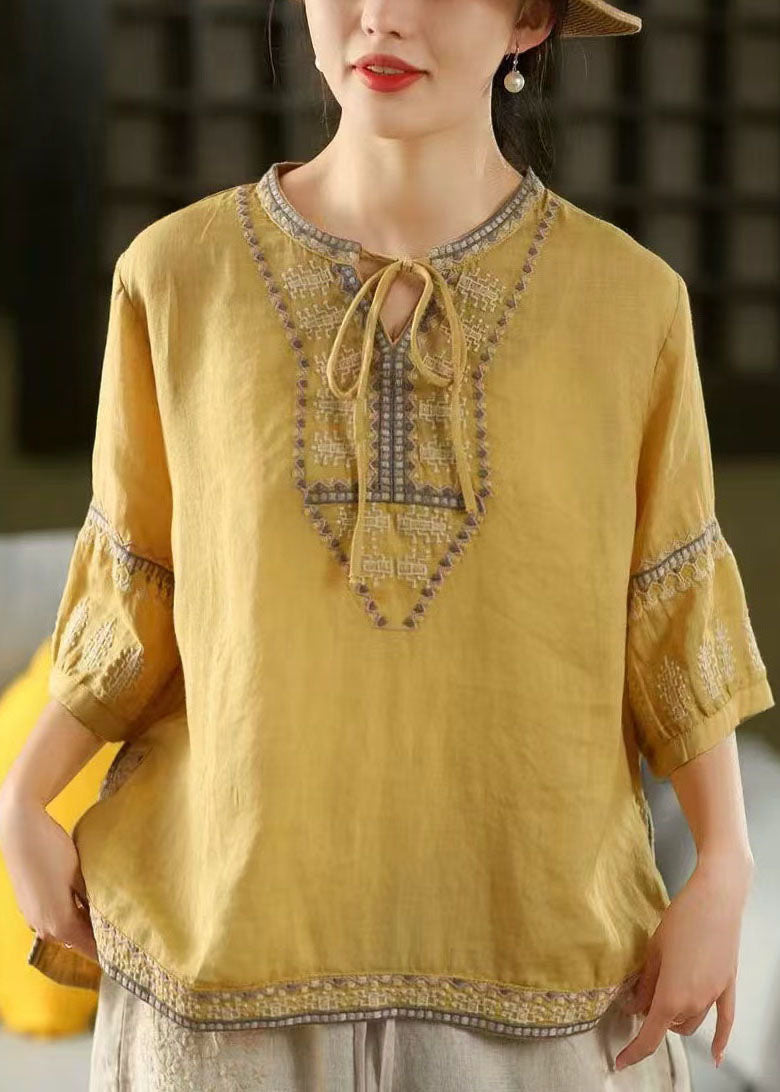 Blouses Embroidered Linen Casual Tie Sleeve Neck Yellow Half