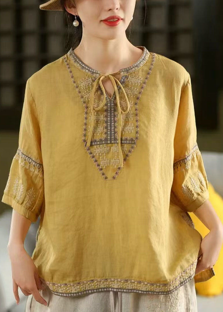 Blouses Embroidered Linen Casual Tie Sleeve Neck Yellow Half