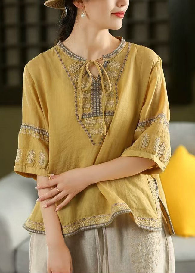 Blouses Embroidered Linen Casual Tie Sleeve Neck Yellow Half