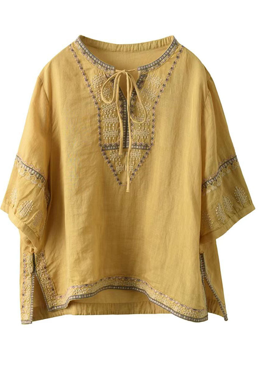Blouses Embroidered Linen Casual Tie Sleeve Neck Yellow Half