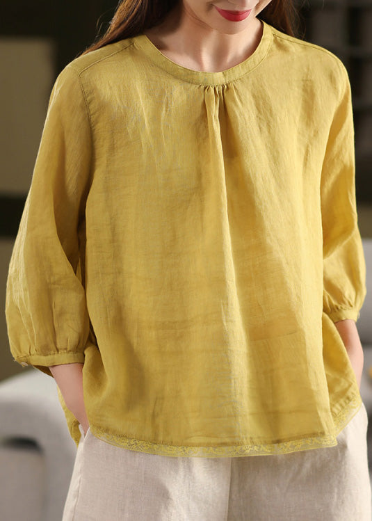 Blouse Summer Neck Patchwork Top O Casual Yellow Linen