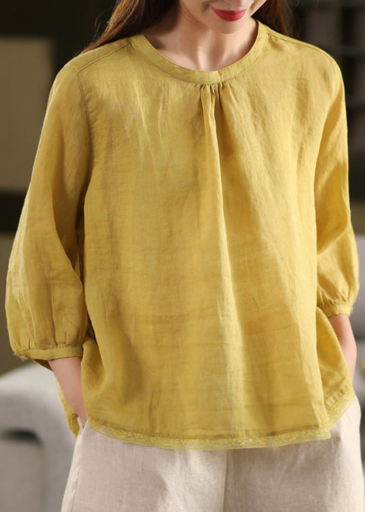 Blouse Summer Neck Patchwork Top O Casual Yellow Linen