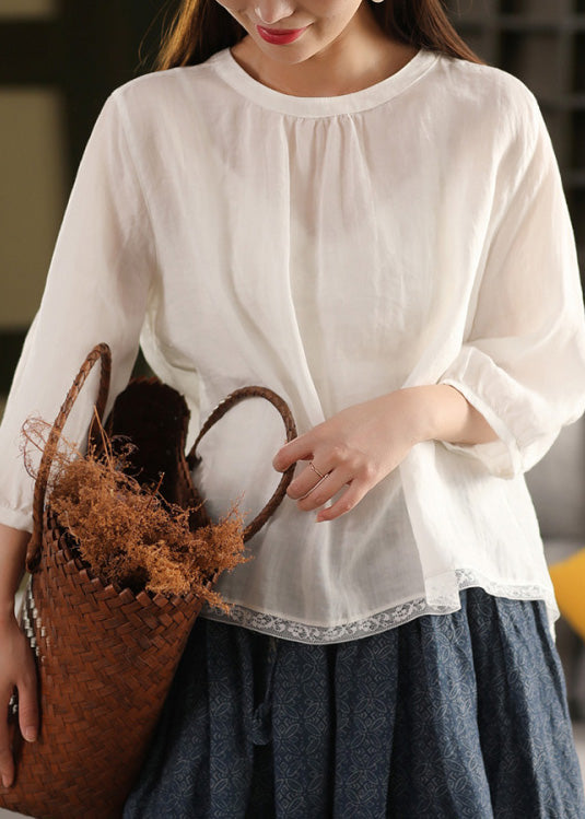 Blouse Summer Neck Patchwork Top O Casual Yellow Linen