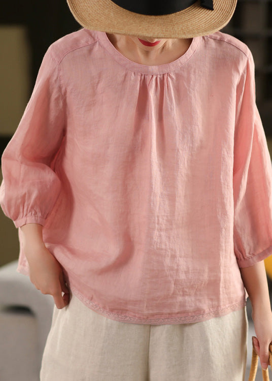 Blouse Summer Neck Patchwork Top O Casual Yellow Linen