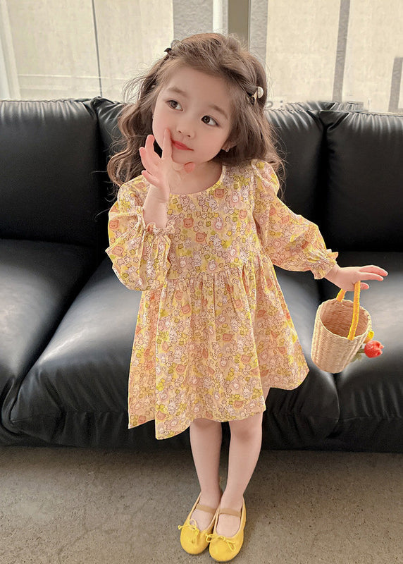 Casual Yellow O-Neck Print Girls Mid Dress Long Sleeve SS1048