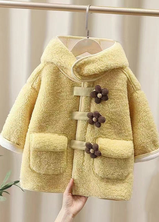 Casual Yellow Patchwork Button Faux Fur Warm Fleece Girls Hooded Coats Winter WL031